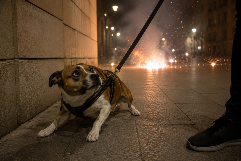 Gos espantat en un carrer de Barcelona durant els petards de Sant Joan.
