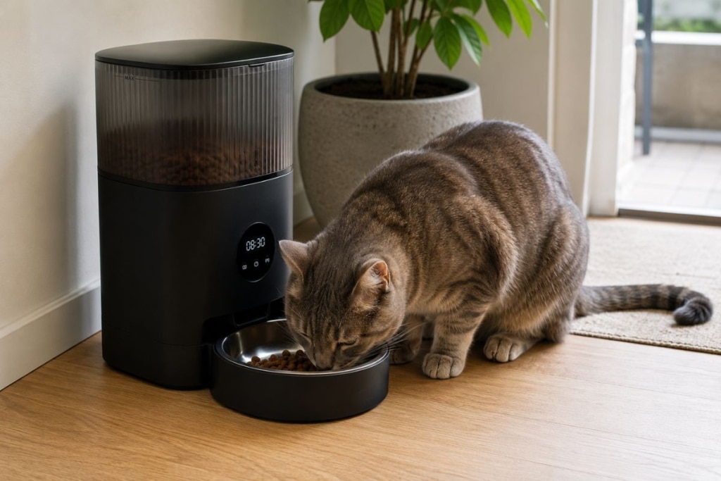 Comedero automático regulando raciones en gato para control nutricional y prevención de obesidad
