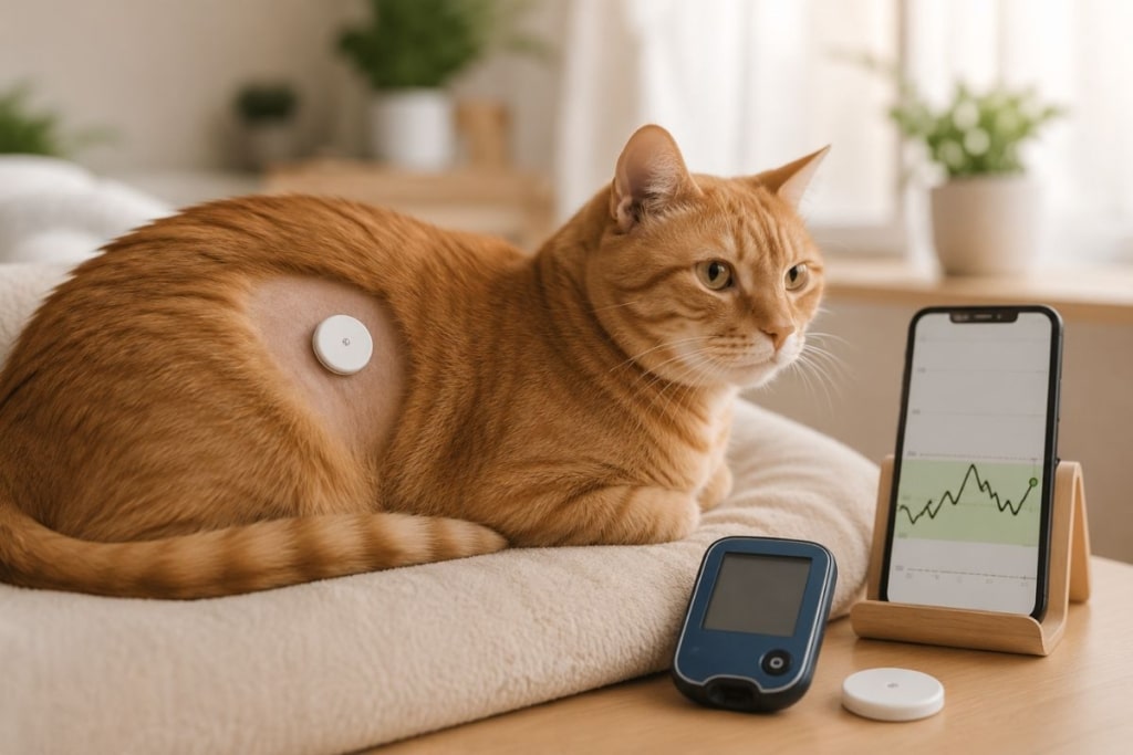 gato diabético con sensor FreeStyle Libre® para monitorización continua de glucosa durante el control veterinario de la diabetes.