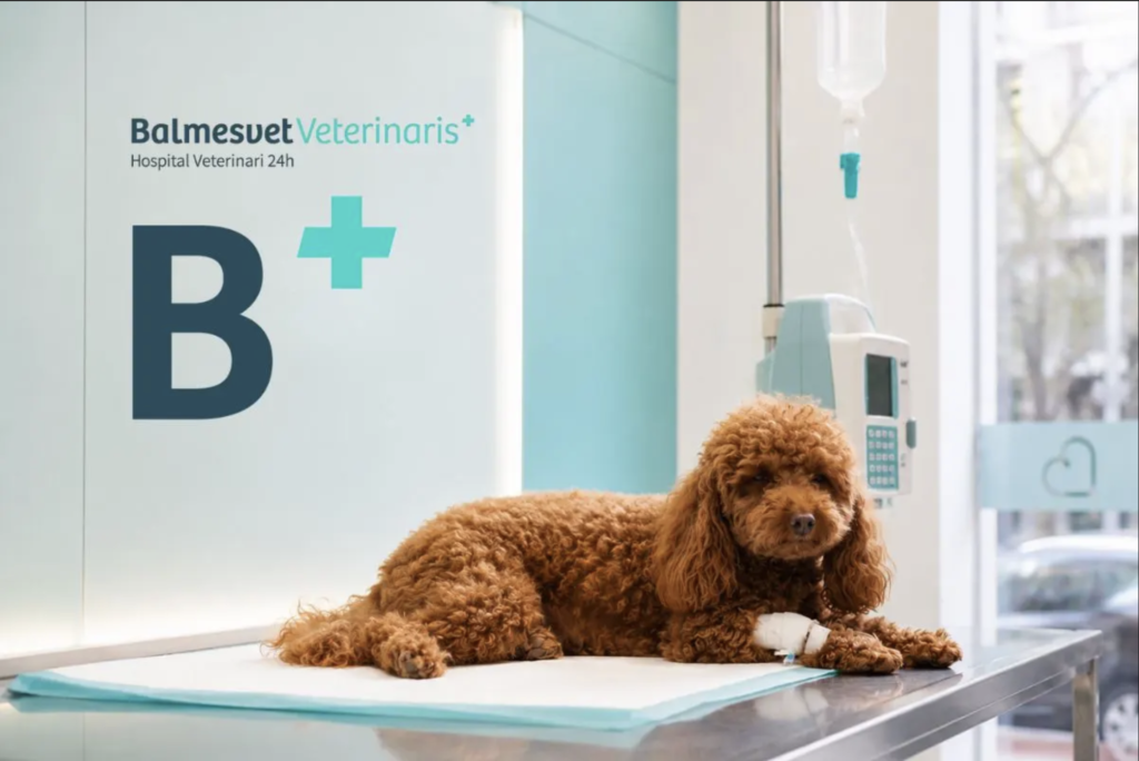 Female dog receiving intravenous fluids after emergency veterinary treatment for suspected pyometra.