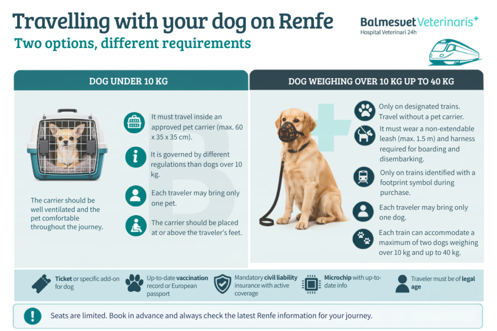Comparison infographic showing the requirements for travelling with a dog on Renfe: dogs under 10 kg and dogs over 10 kg up to 40 kg.
