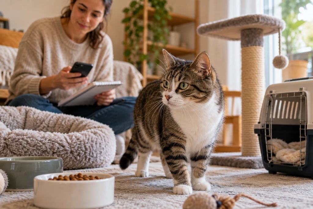 Mujer cuidando a un gato en casa con transportín, comida y accesorios