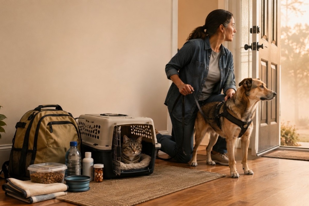 Tutora preparada para evacuar con su perro, su gato en el transportín y un kit de emergencia.