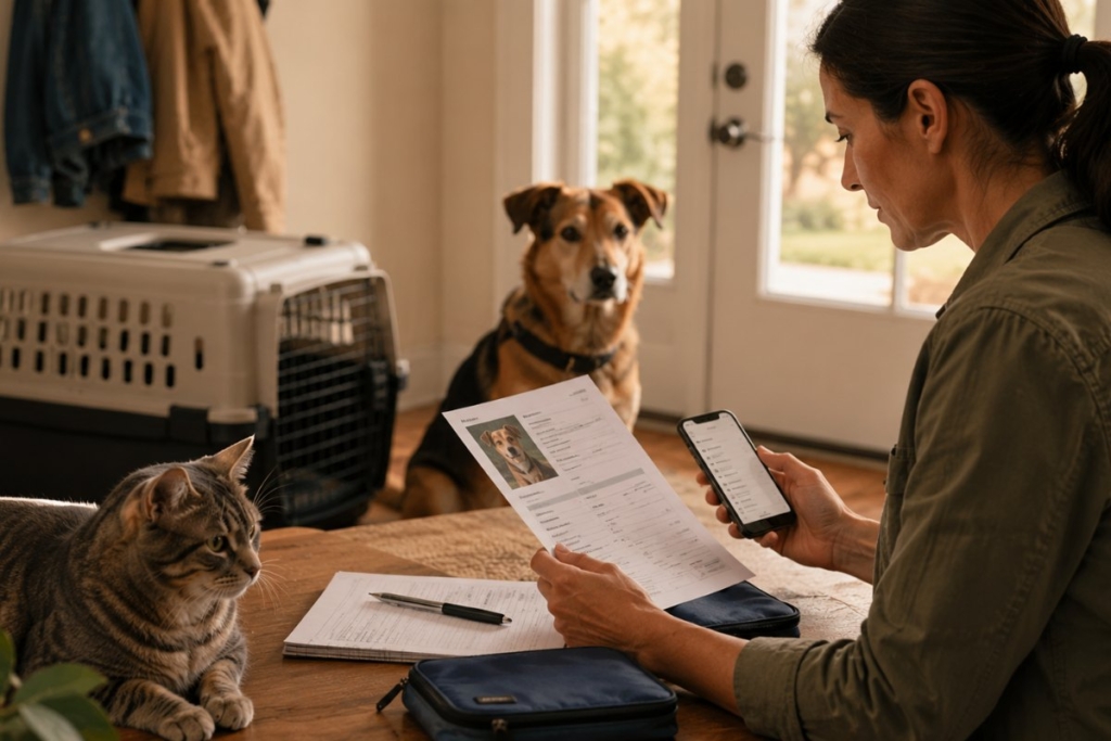 Tutora revisando la ficha de emergencia y la información de su perro y su gato antes de una evacuación.