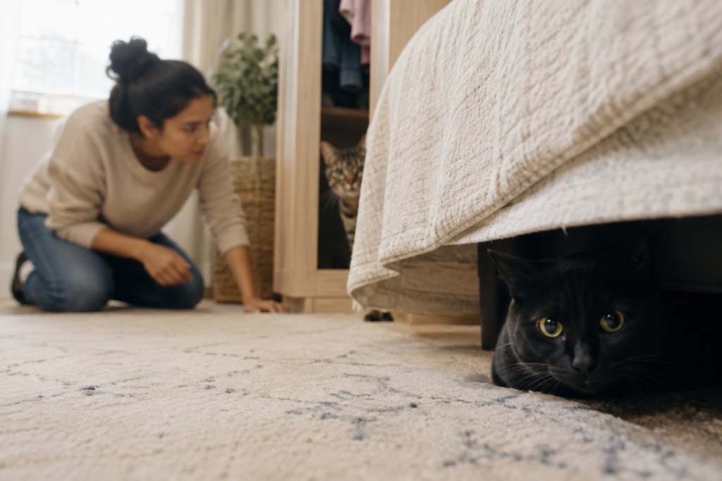 Gatos escondidos en casa mientras su tutora intenta localizarlos ante una posible evacuación.