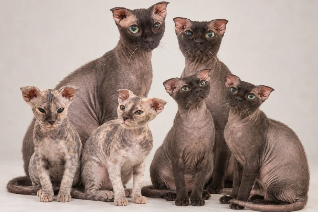 Grupo de gatos Elf Cat sin pelo mostrando sus características físicas distintivas.