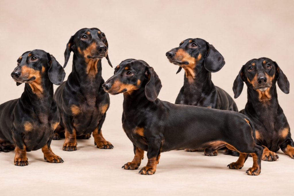 Grupo de perros salchicha con cuerpo alargado y extremidades cortas.