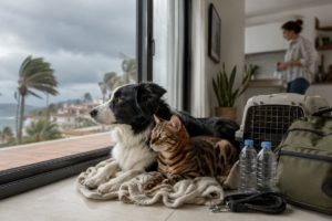 Perro y gato junto a un transportín y material preparado para una posible evacuación de emergencia.
