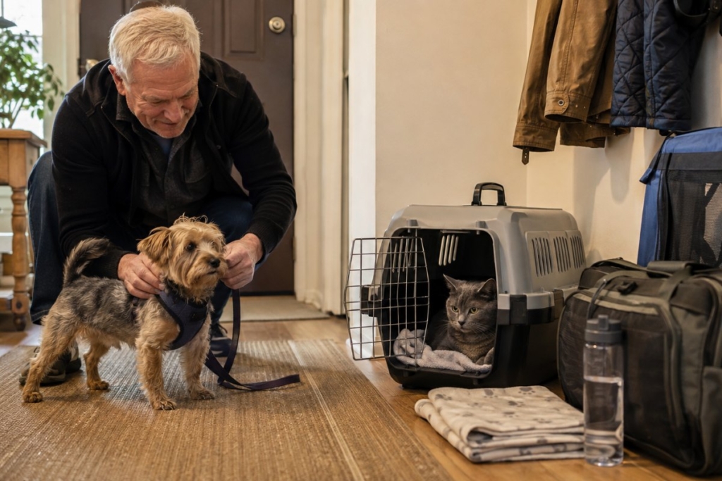 Tutor preparando a su perro con arnés y a su gato en el transportín para practicar un plan de evacuación.